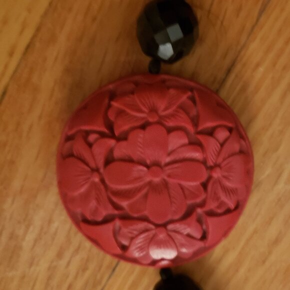 Black and Red Cinnabar Flower Pendant Necklace - Picture 5 of 5